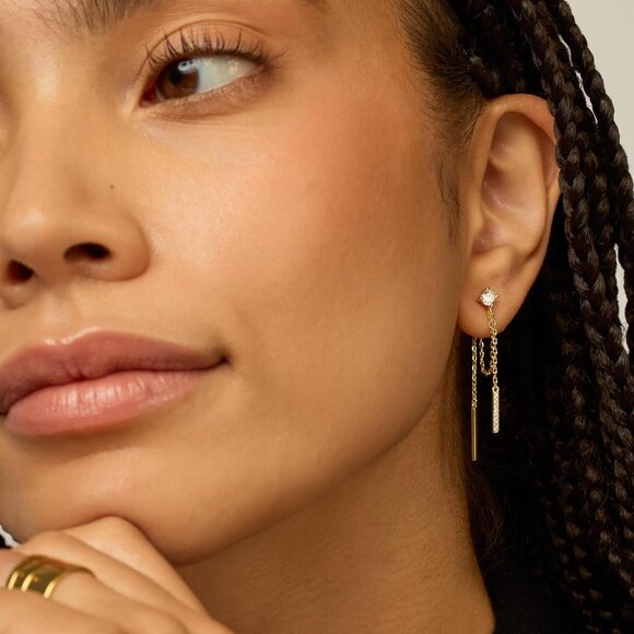 18K Gold Plated Sterling Silver Posts Drop Dangle Chain Earrings for Women | Dan - Picture 2 of 6